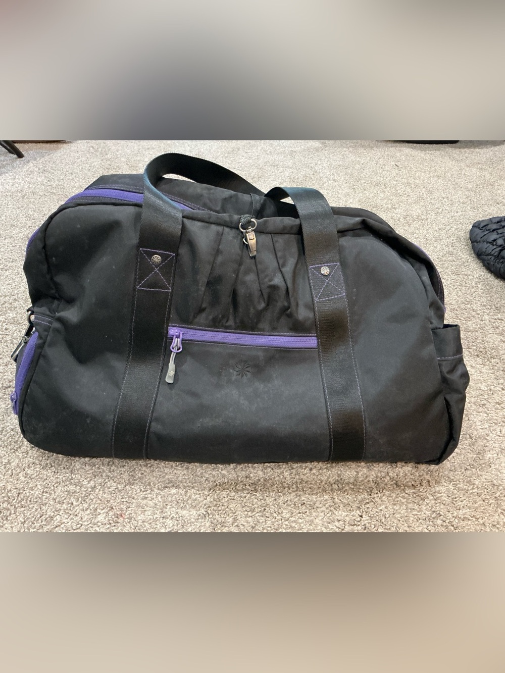 Athleta Black Duffel Bag with Purple Zippers